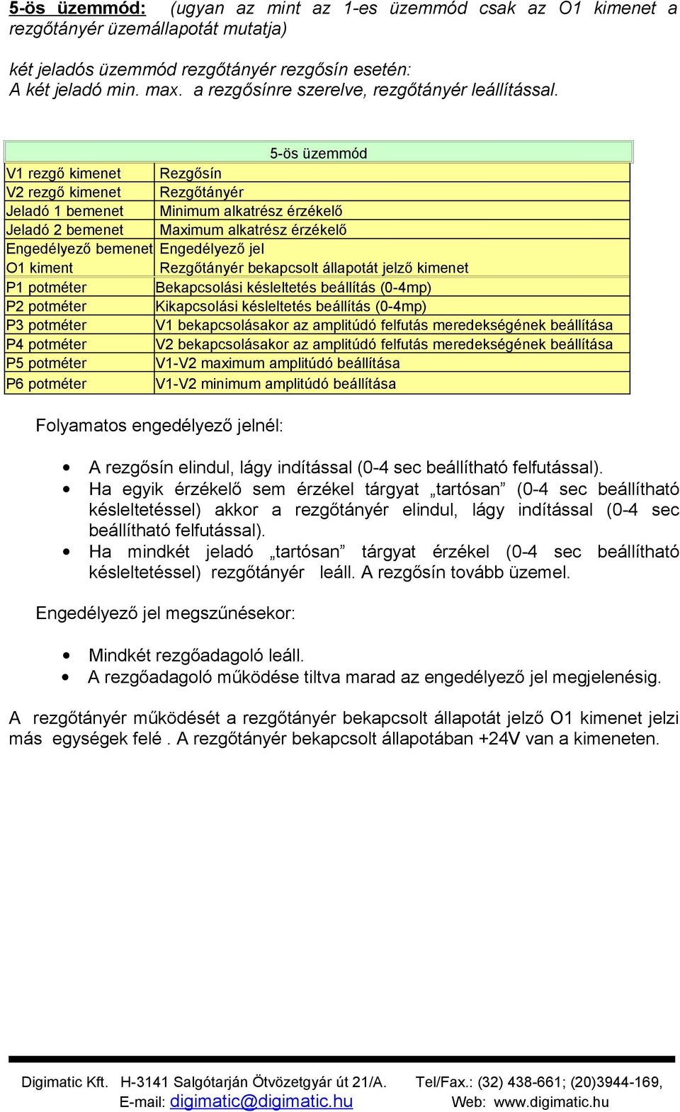 5-ös üzemmód rezgő kimenet Rezgősín rezgő kimenet Rezgőtányér Jeladó 1 bemenet Minimum alkatrész érzékelő Jeladó 2 bemenet Maximum alkatrész érzékelő Engedélyező bemenet Engedélyező jel Rezgőtányér