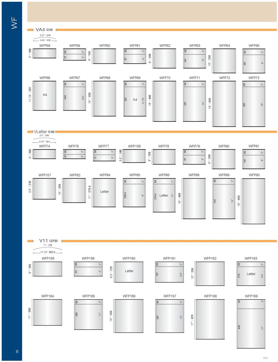 75 2 16 / 400 347 50 14 2 18 / 450 397 50 16 2 VLetter (216) 8.5 / 216 8.70 / 221 WFP74 WFP76 WFP77 WFP156 WFP78 WFP79 WFP80 WFP81 4 / 100 47 50 2 2 72 50 3 2 5.