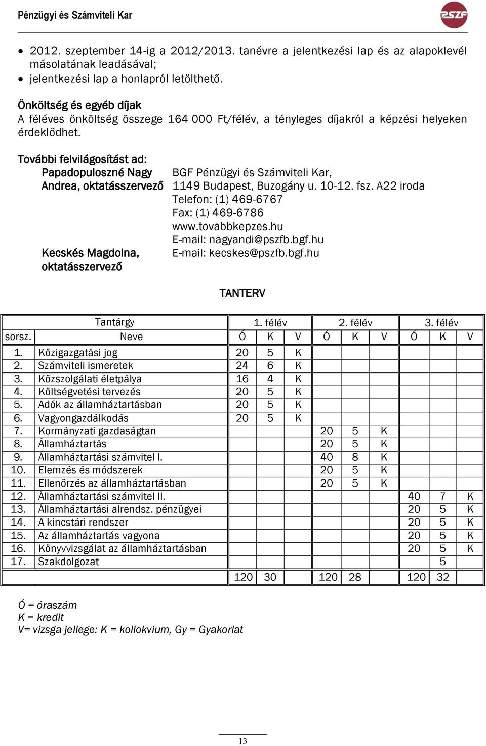 További felvilágosítást ad: Papadopuloszné Nagy Andrea, oktatásszervező Kecskés Magdolna, oktatásszervező BGF Pénzügyi és Számviteli Kar, 1149 Budapest, Buzogány u. 10-12. fsz.