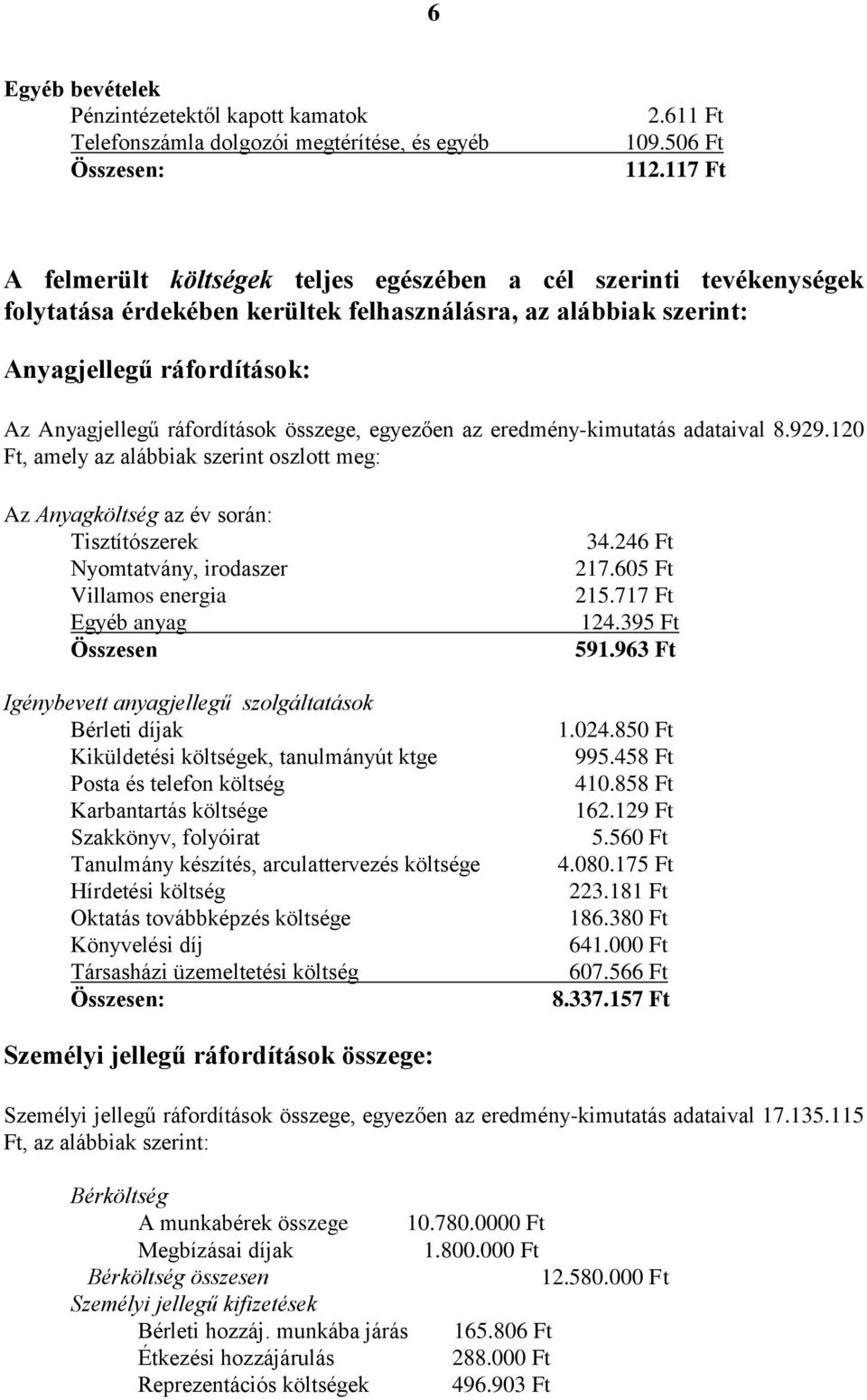 összege, egyezően az eredmény-kimutatás adataival 8.929.