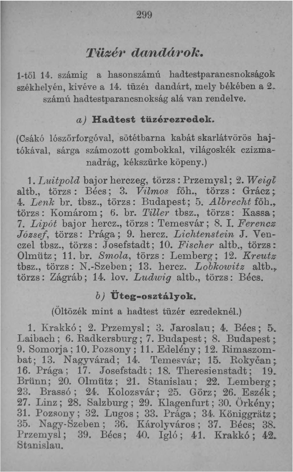 Luitpold bajor herczeg, törzs: Przemysl; 2. Weigl altb., törzs: Bécs; 3. Vilmos főh., törzs: Grácz; 4. Lenk br. tbsz., törzs: Budapest; 5. Albrecht főb., törzs: Komárom; 6. br. Tiller tbsz.