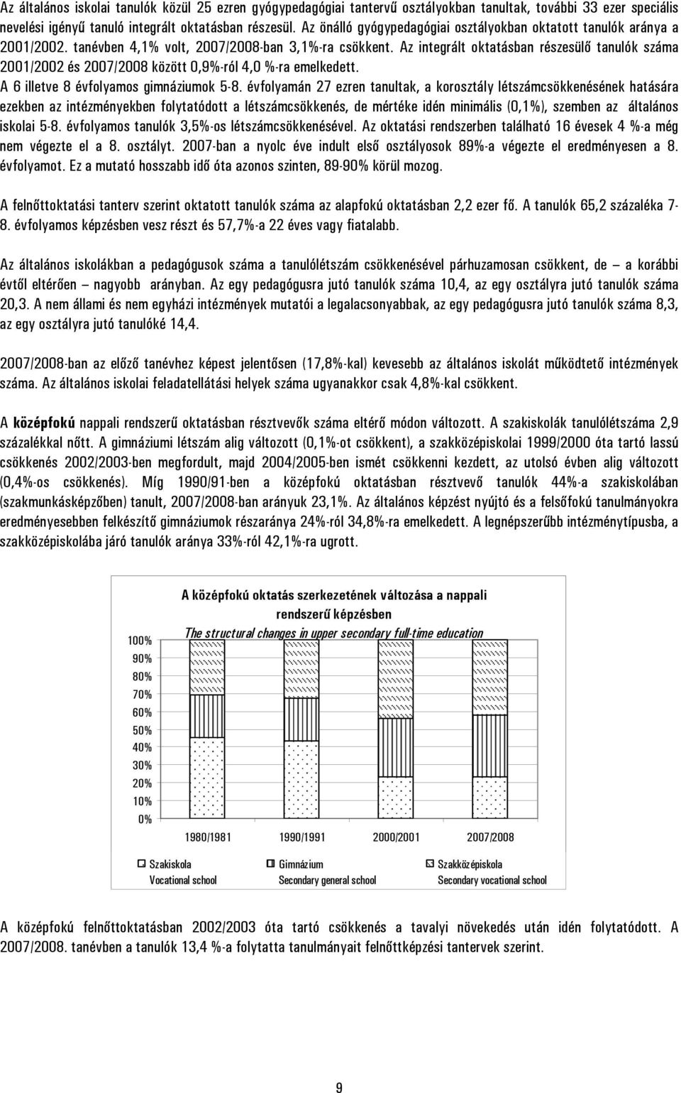 Az integrált oktatásban részesülő tanulók száma 2001/2002 és 2007/2008 között 0,9%-ról 4,0 %-ra emelkedett. A 6 illetve 8 évfolyamos gimnáziumok 5-8.