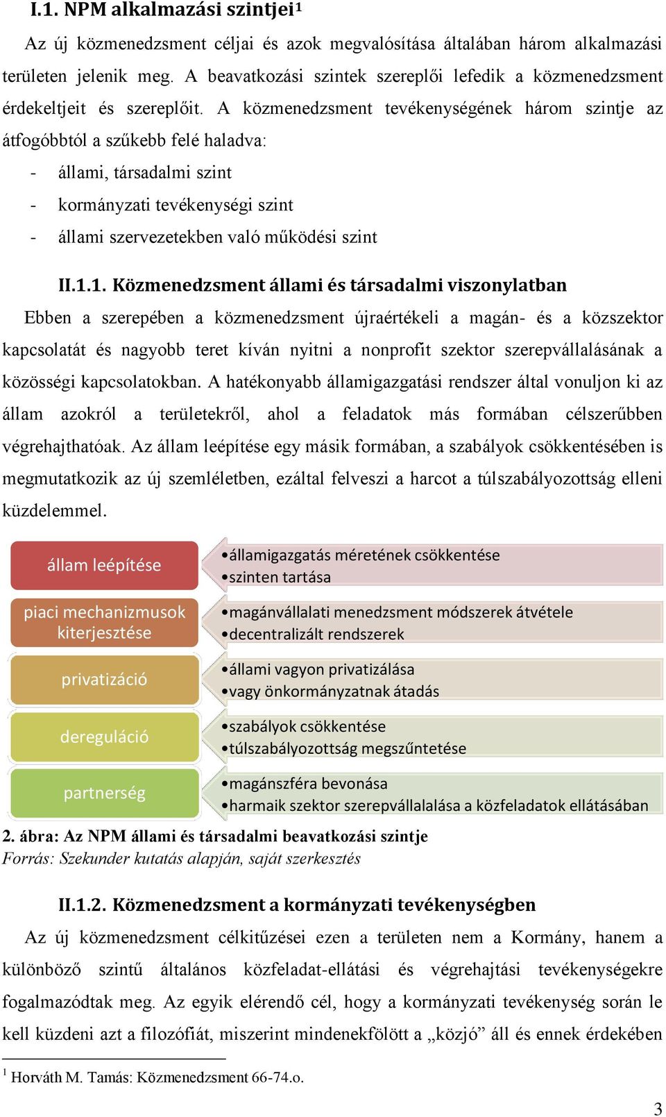 A közmenedzsment tevékenységének három szintje az átfogóbbtól a szűkebb felé haladva: - állami, társadalmi szint - kormányzati tevékenységi szint - állami szervezetekben való működési szint II.1.