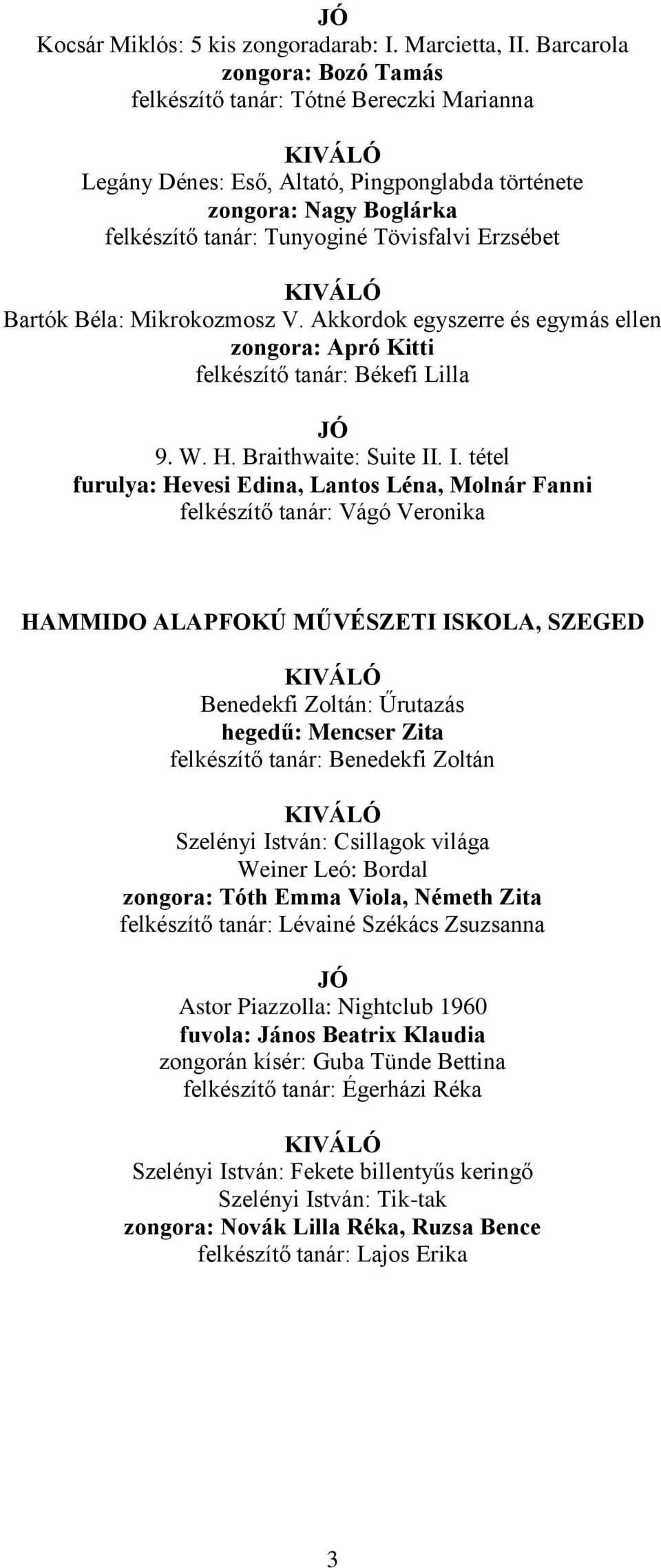 Bartók Béla: Mikrokozmosz V. Akkordok egyszerre és egymás ellen zongora: Apró Kitti felkészítő tanár: Békefi Lilla 9. W. H. Braithwaite: Suite II