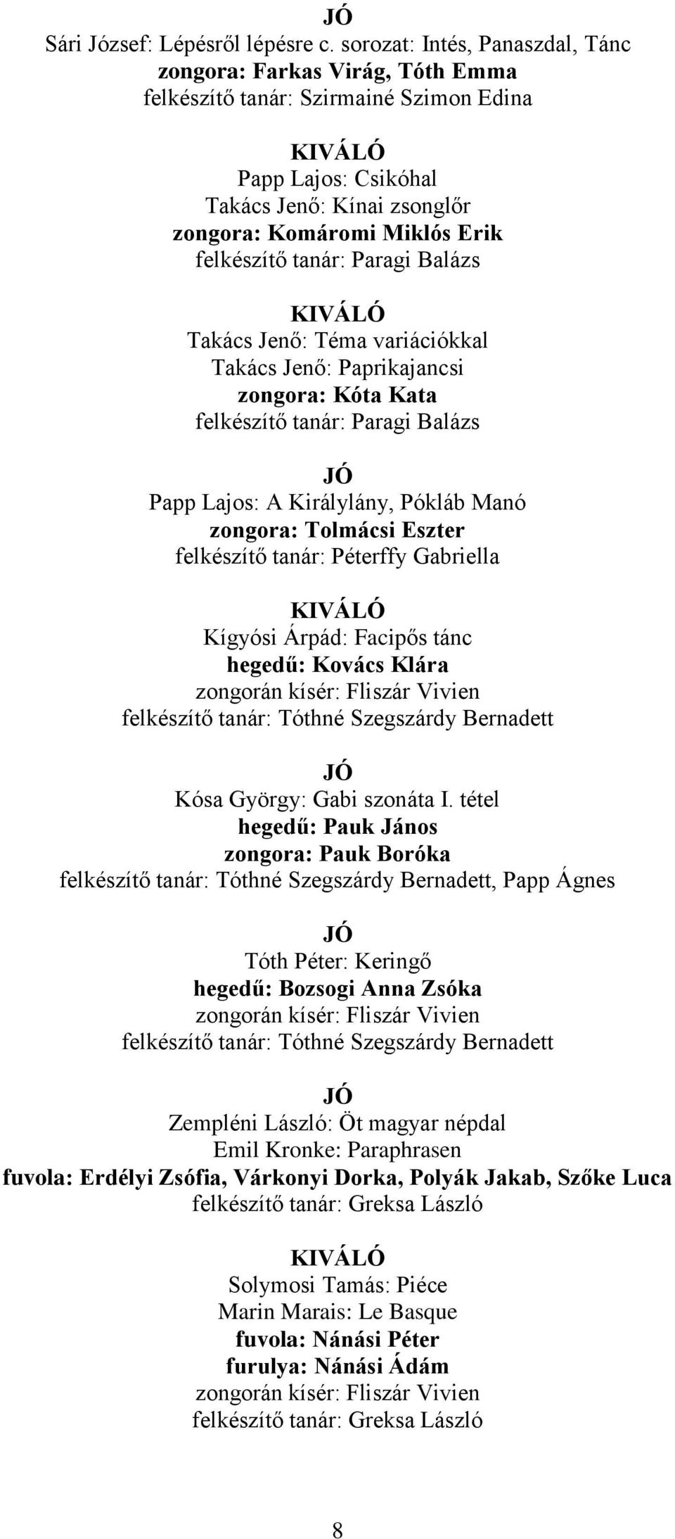 tanár: Paragi Balázs Takács Jenő: Téma variációkkal Takács Jenő: Paprikajancsi zongora: Kóta Kata felkészítő tanár: Paragi Balázs Papp Lajos: A Királylány, Pókláb Manó zongora: Tolmácsi Eszter