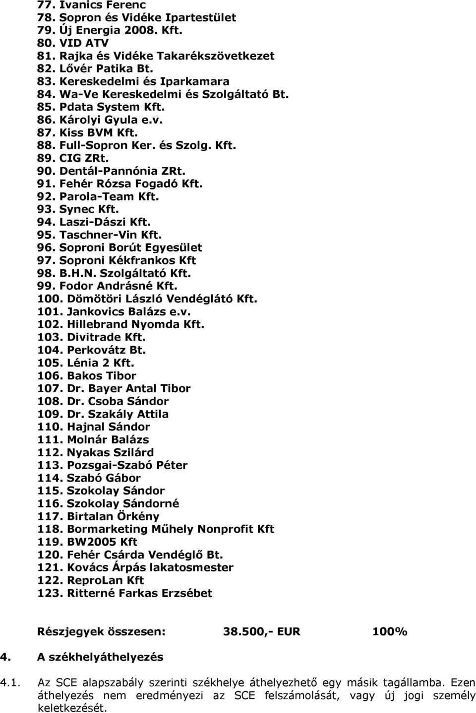 Fehér Rózsa Fogadó Kft. 92. Parola-Team Kft. 93. Synec Kft. 94. Laszi-Dászi Kft. 95. Taschner-Vin Kft. 96. Soproni Borút Egyesület 97. Soproni Kékfrankos Kft 98. B.H.N. Szolgáltató Kft. 99.