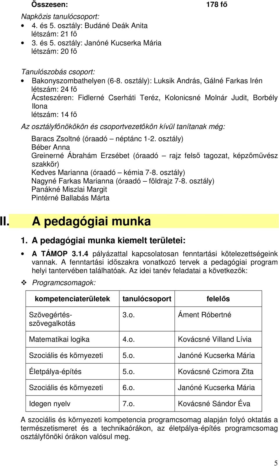 tanítanak még: Baracs Zsoltné (óraadó néptánc 1-2. osztály) Béber Anna Greinerné Ábrahám Erzsébet (óraadó rajz felsı tagozat, képzımővész szakkör) Kedves Marianna (óraadó kémia 7-8.