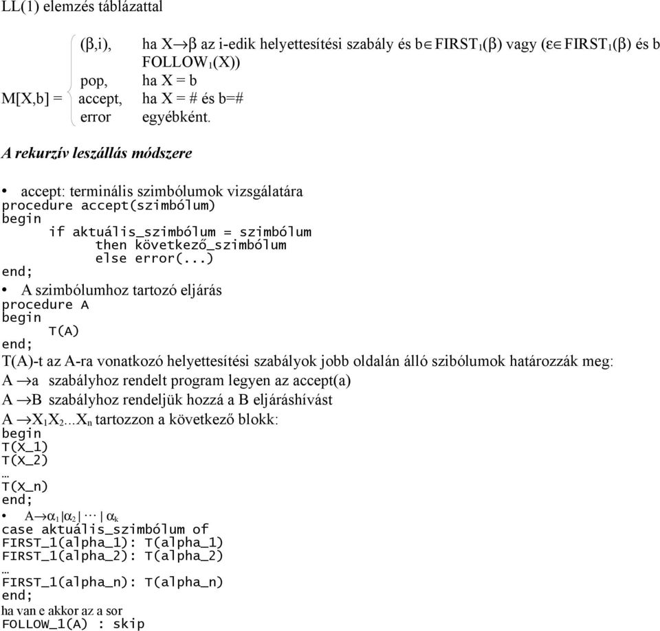 ..) A szimbólumhoz tartozó eljárás procedure A begin T(A) T(A)-t az A-ra vonatkozó helyettesítési szabályok jobb oldalán álló szibólumok határozzák meg: A a szabályhoz rendelt program legyen az
