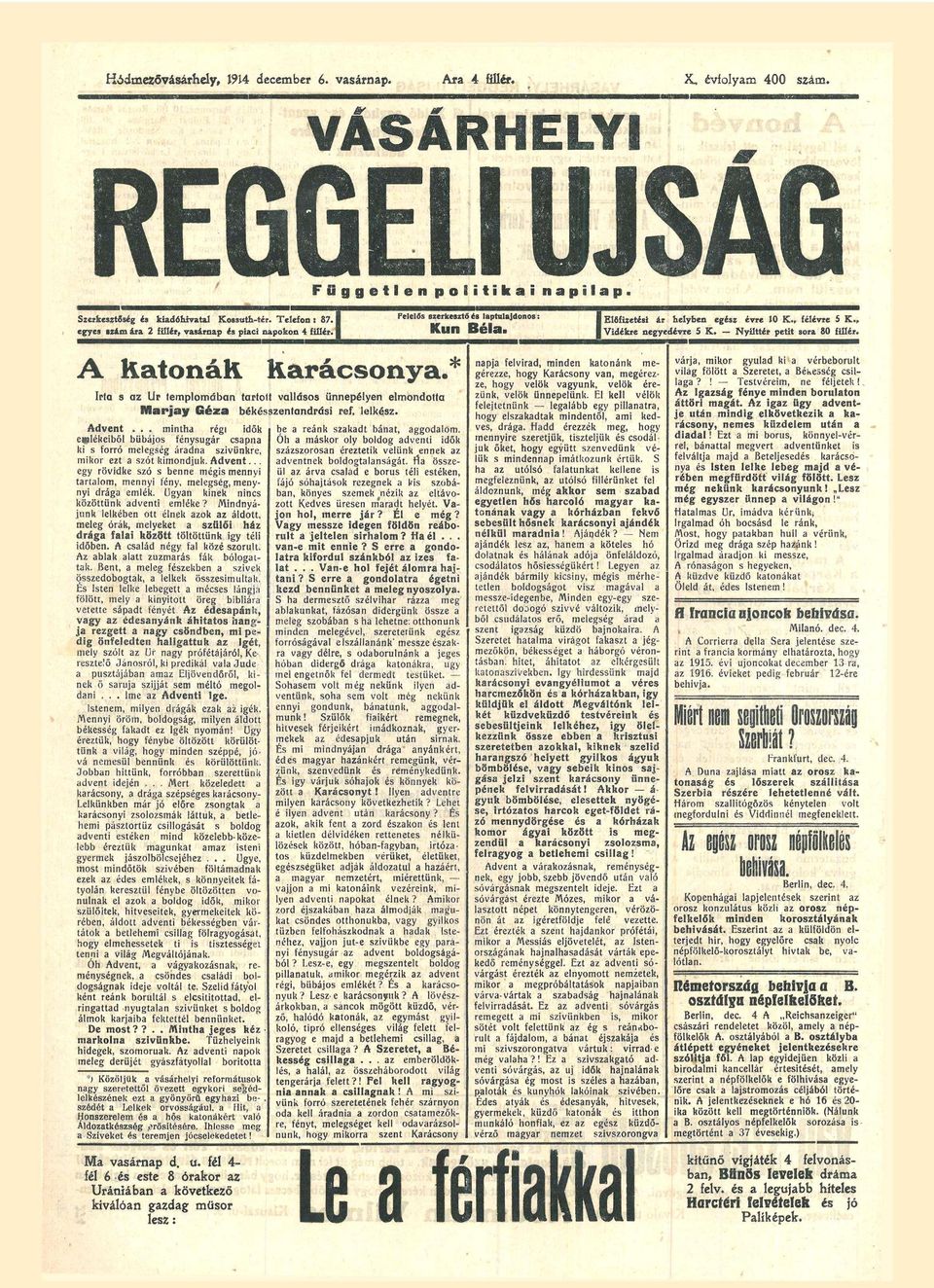rt s z U r templomábn trtott vllásos ünnepélyen elmondott Nlrjy Géz békszentndrási ref. lelkz. d v e n t.