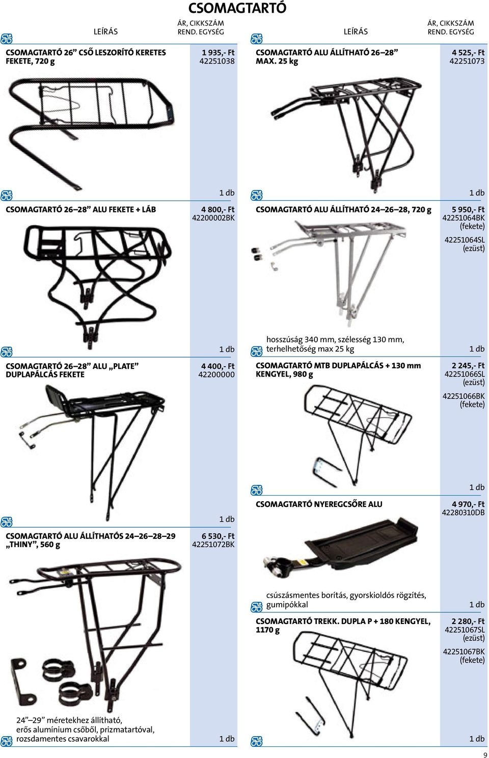 Ft 0000 hosszúság 340 mm, szélesség 130 mm, terhelhetőség max 25 kg CSOMAGTARTÓ 26 28 ALU PLATE DUPLAPÁLCÁS FEKETE 4 400,- Ft 42200000 CSOMAGTARTÓ MTB DUPLAPÁLCÁS + 130 mm KENGYEL, 980 g 2 245,- Ft