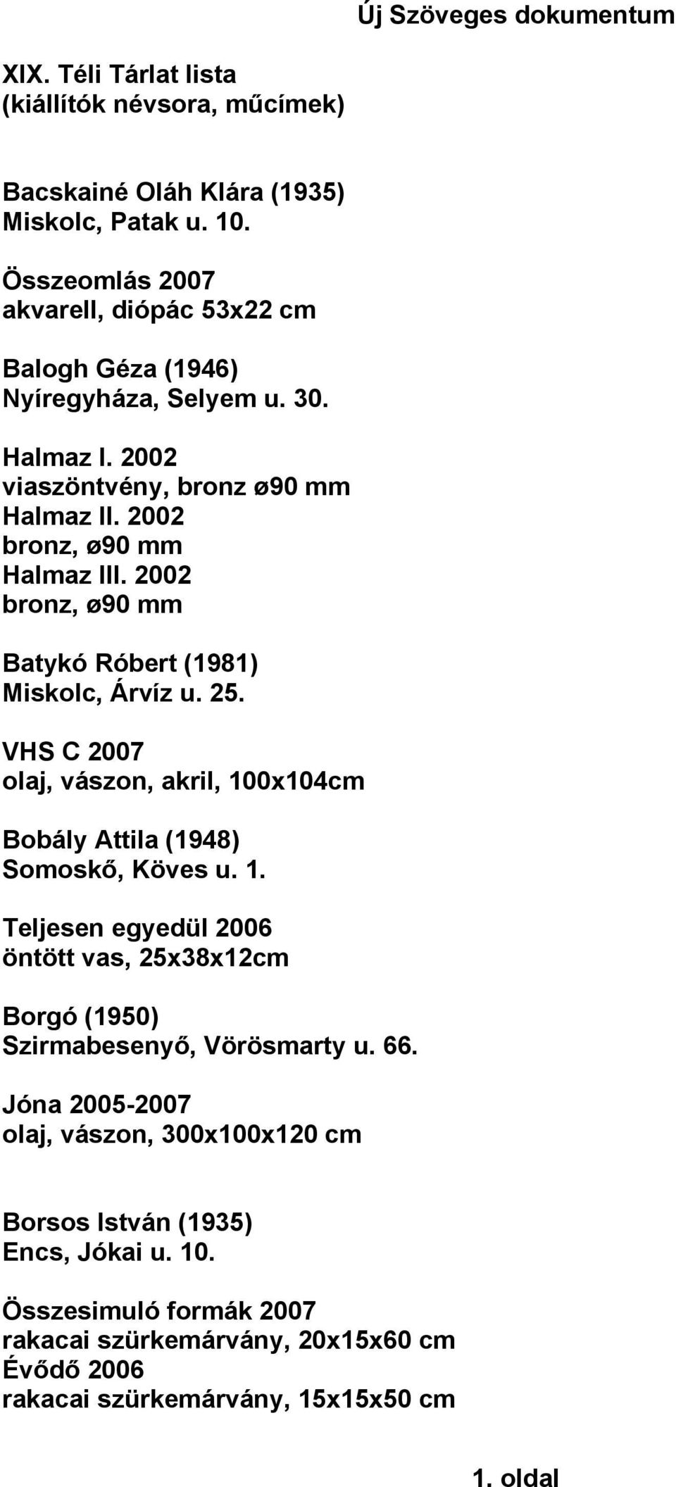 2002 bronz, ø90 mm Batykó Róbert (1981) Miskolc, Árvíz u. 25. VHS C 2007 olaj, vászon, akril, 10