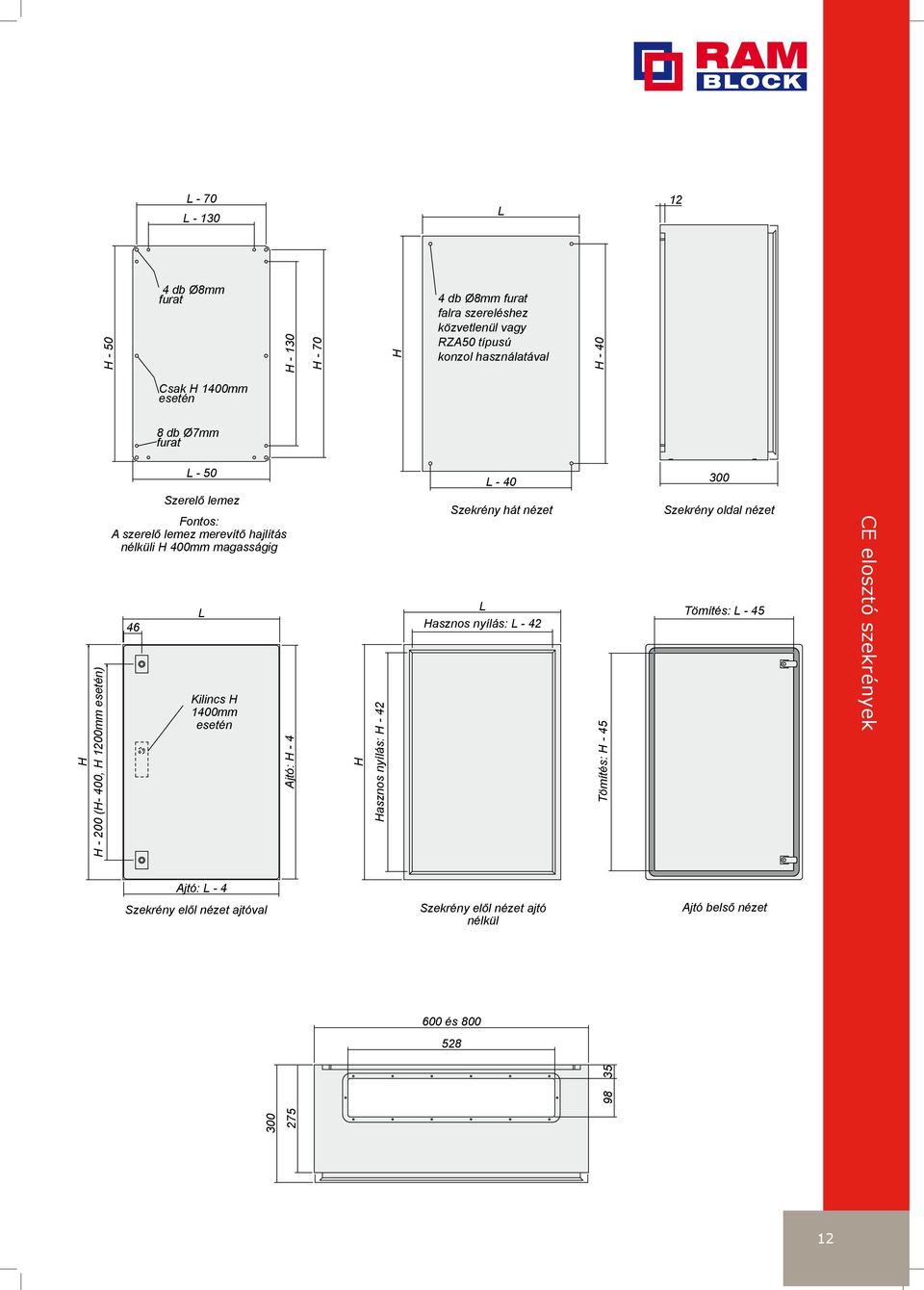 L Kilincs H 1400mm esetén Ajtó: H - 4 L Hasznos nyílás: L - 42 600 és 800 528 300 275 98 35 H Hasznos nyílás: H - 42 L - 40 300 Szekrény hát nézet Tömítés: H