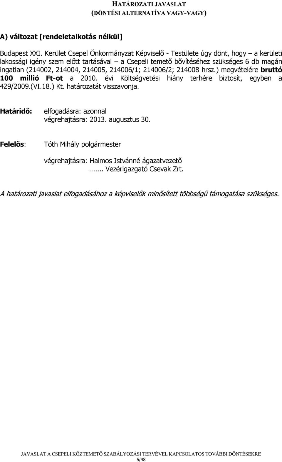 214004, 214005, 214006/1; 214006/2; 214008 hrsz.) megvételére bruttó 100 millió Ft-ot a 2010. évi Költségvetési hiány terhére biztosít, egyben a 429/2009.(VI.18.) Kt.