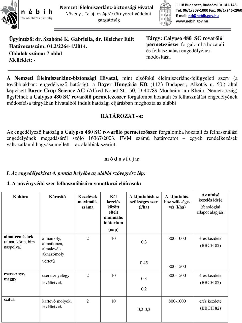 Oldalak száma: 7 oldal Melléklet: - Tárgy: Calypso 480 SC rovarölő permetezőszer forgalomba hozatali és felhasználási engedélyének módosítása A Nemzeti Élelmiszerlánc-biztonsági Hivatal, mint