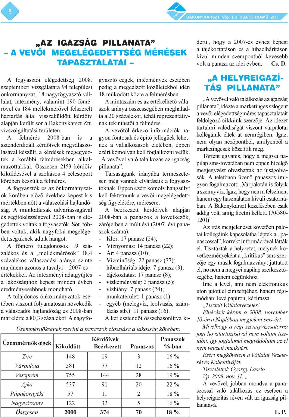 sor a Bakonykarszt Zrt. vízszolgáltatási területén. A felmérés 2008-ban is a sztenderdizált kérdőívek megválaszolásával készült, a kérdések megegyeztek a korábbi felmérésekben alkalmazottakkal.