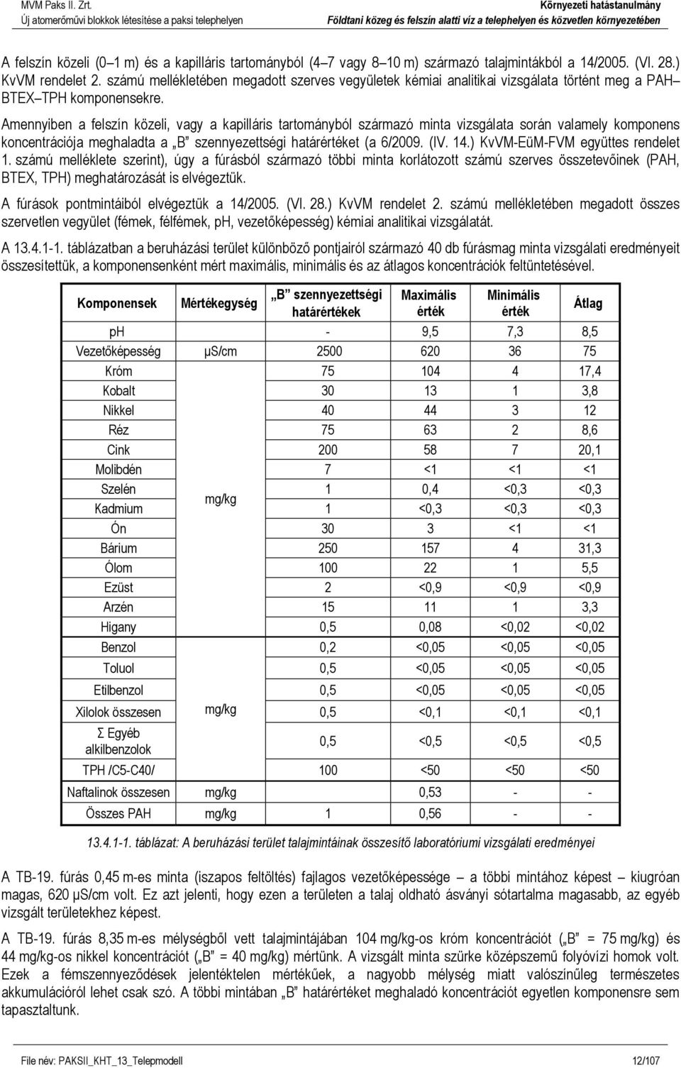 Amennyiben a felszín közeli, vagy a kapilláris tartományból származó minta vizsgálata során valamely komponens koncentrációja meghaladta a B szennyezettségi határértéket (a 6/2009. (IV. 14.