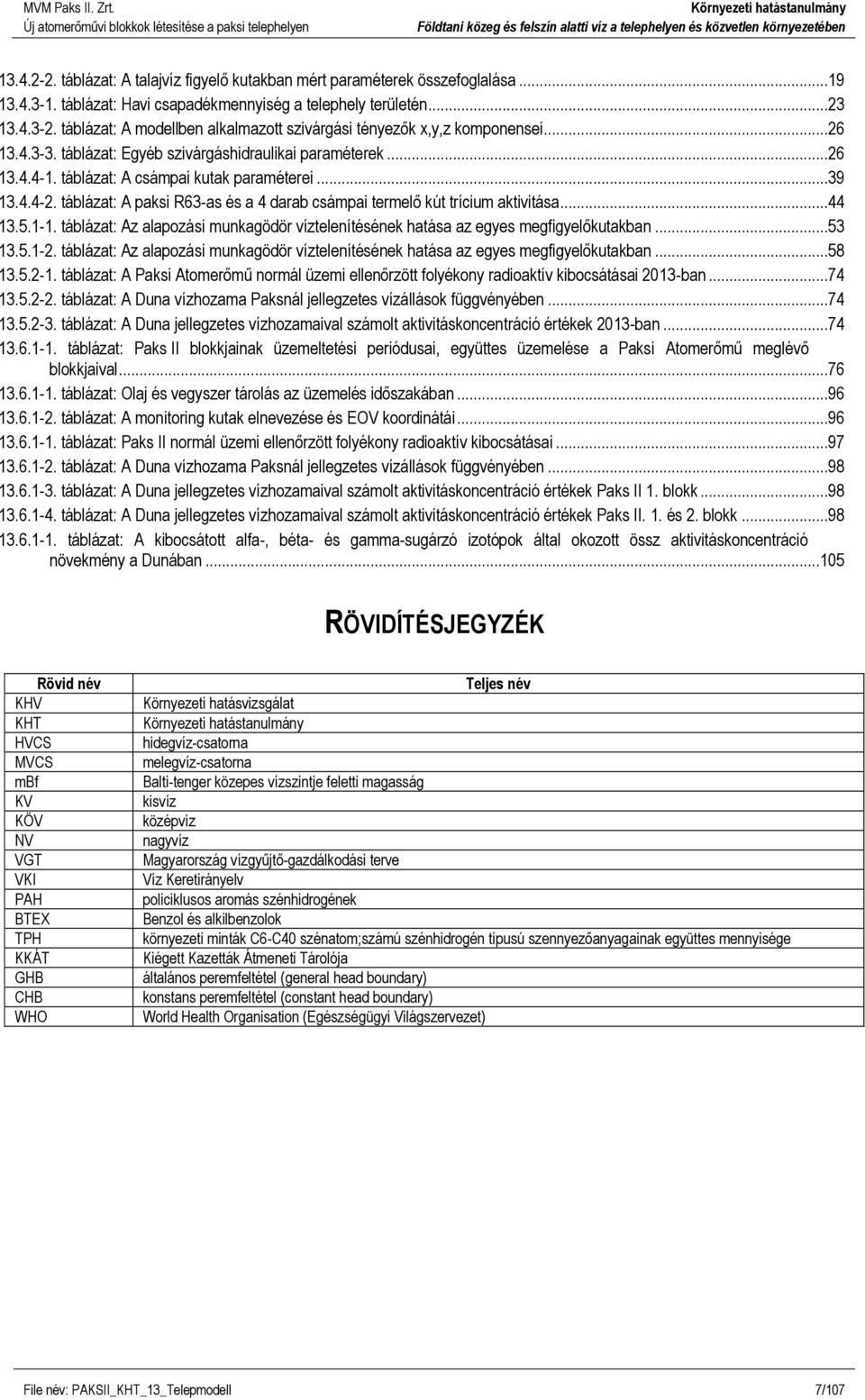 táblázat: A paksi R63-as és a 4 darab csámpai termelő kút trícium aktivitása...44 13.5.1-1. táblázat: Az alapozási munkagödör víztelenítésének hatása az egyes megfigyelőkutakban...53 13.5.1-2.