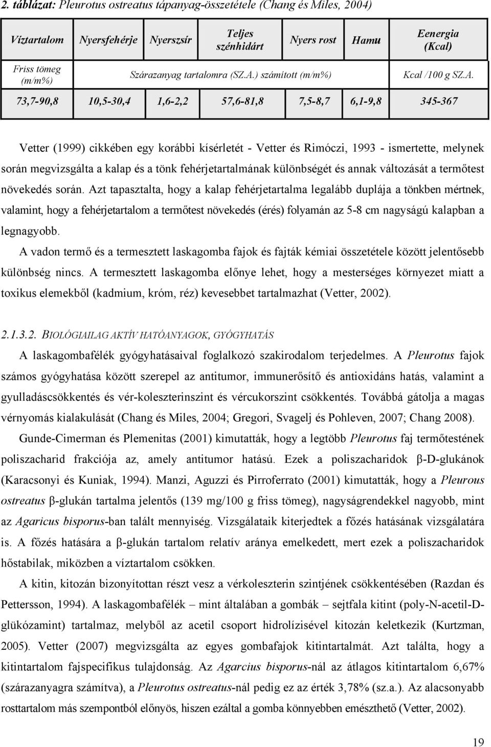 ) számított (m/m%) Kcal /100 g SZ.A.