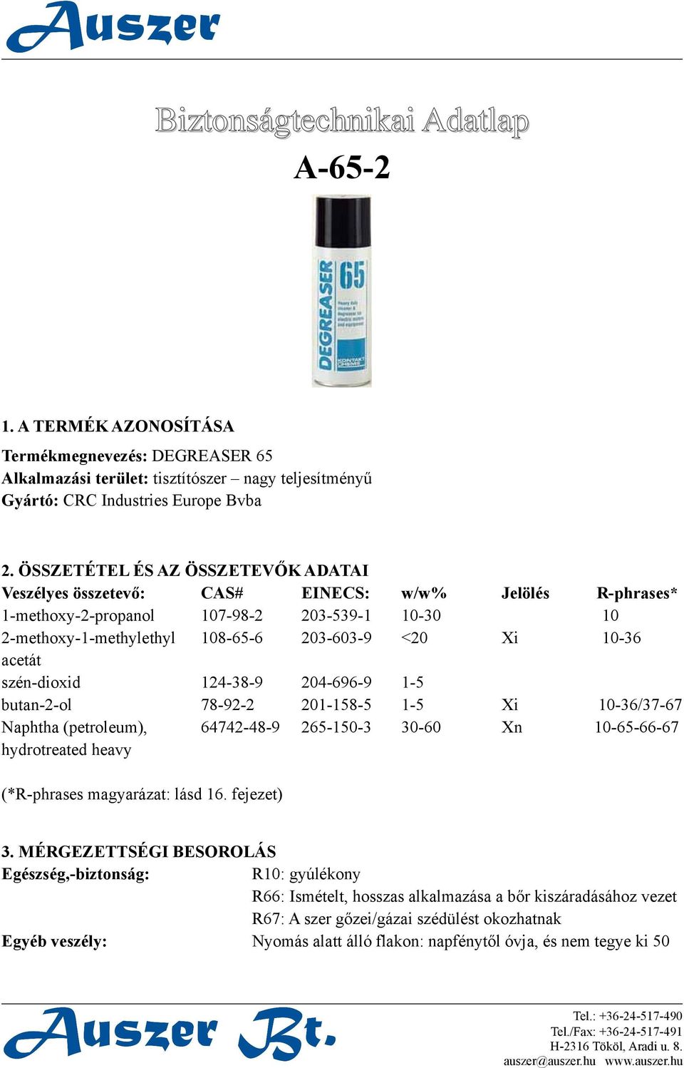 acetát szén-dioxid 124-38-9 204-696-9 1-5 butan-2-ol 78-92-2 201-158-5 1-5 Xi 10-36/37-67 Naphtha (petroleum), 64742-48-9 265-150-3 30-60 Xn 10-65-66-67 hydrotreated heavy (*R-phrases magyarázat: