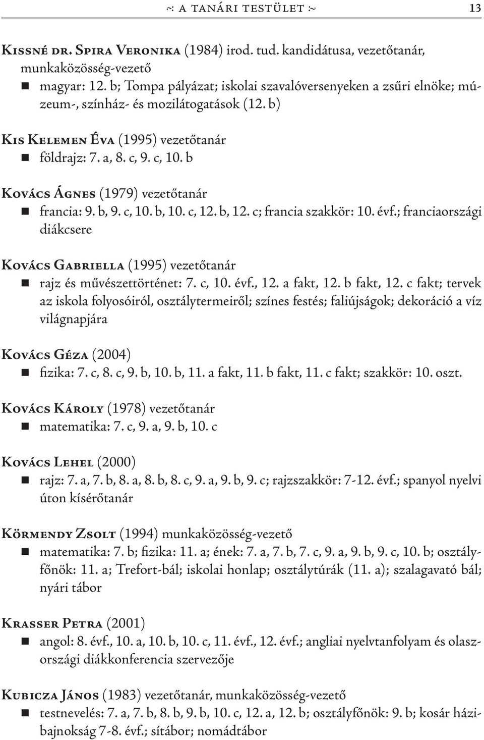 b Kovács Ágnes (1979) vezetőtanár francia: 9. b, 9. c, 10. b, 10. c, 12. b, 12. c; francia szakkör: 10. évf.; franciaországi diákcsere Kovács Gabriella (1995) vezetőtanár rajz és művészettörténet: 7.