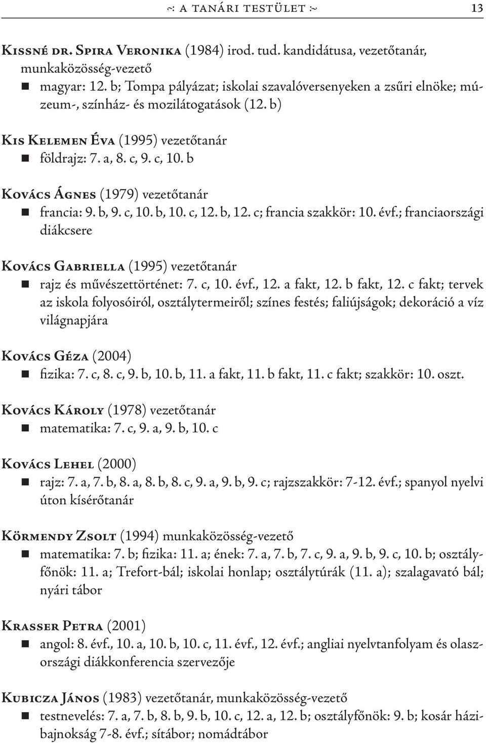 b Kovács Ágnes (1979) vezetőtanár francia: 9. b, 9. c, 10. b, 10. c, 12. b, 12. c; francia szakkör: 10. évf.; franciaországi diákcsere Kovács Gabriella (1995) vezetőtanár rajz és művészettörténet: 7.