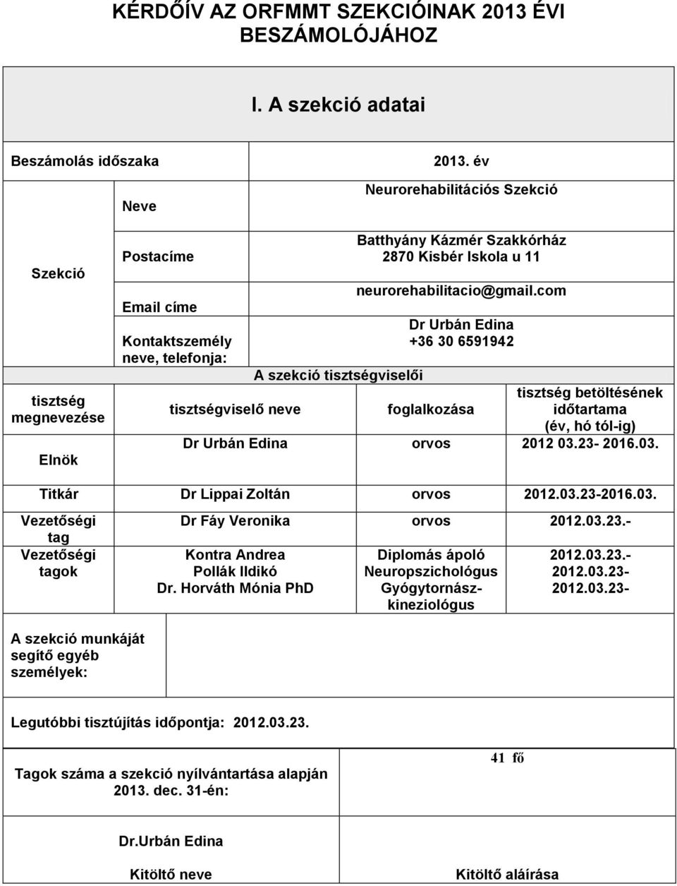 neurorehabilitacio@gmail.com Dr Urbán Edina +36 30 6591942 tisztségviselő neve foglalkozása tisztség betöltésének időtartama (év, hó tól-ig) Dr Urbán Edina orvos 2012 03.