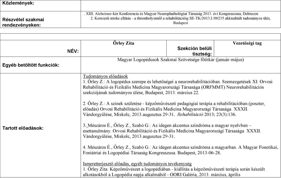 Orvosi Rehabilitáció és Fizikális Medicina Magyarországi Társasága (ORFMMT) Neurorehabilitációs szekciójának tudományos ülése, Budapest, 2013. március 22. 2. Őrley Z.