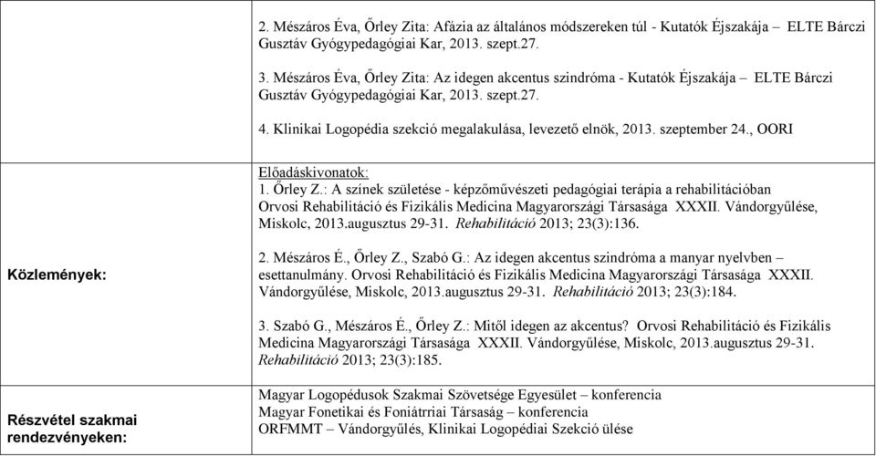 szeptember 24., OORI Előadáskivonatok: 1. Őrley Z.: A színek születése - képzőművészeti pedagógiai terápia a rehabilitációban Orvosi Rehabilitáció és Fizikális Medicina Magyarországi Társasága XXXII.