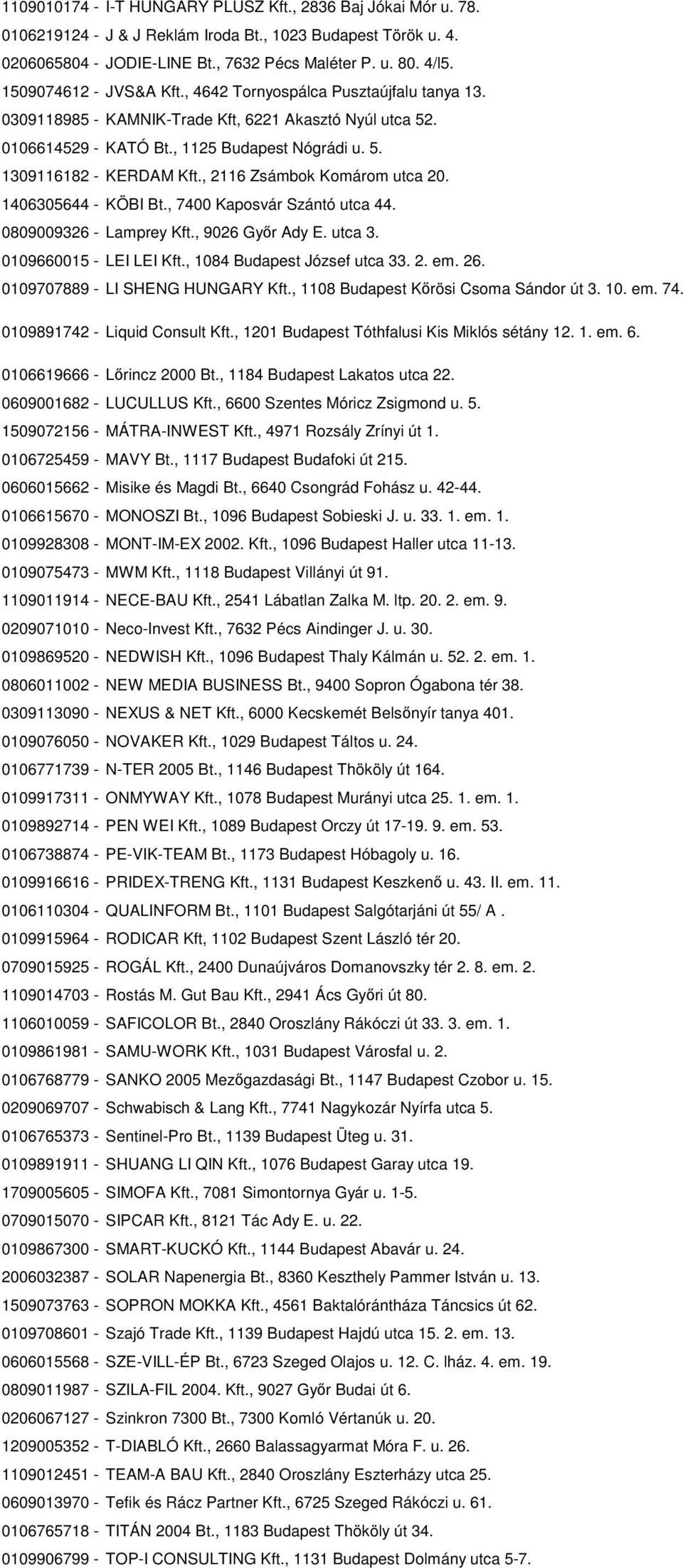 , 2116 Zsámbok Komárom utca 20. 1406305644 - KÖBI Bt., 7400 Kaposvár Szántó utca 44. 0809009326 - Lamprey Kft., 9026 Győr Ady E. utca 3. 0109660015 - LEI LEI Kft., 1084 Budapest József utca 33. 2. em.