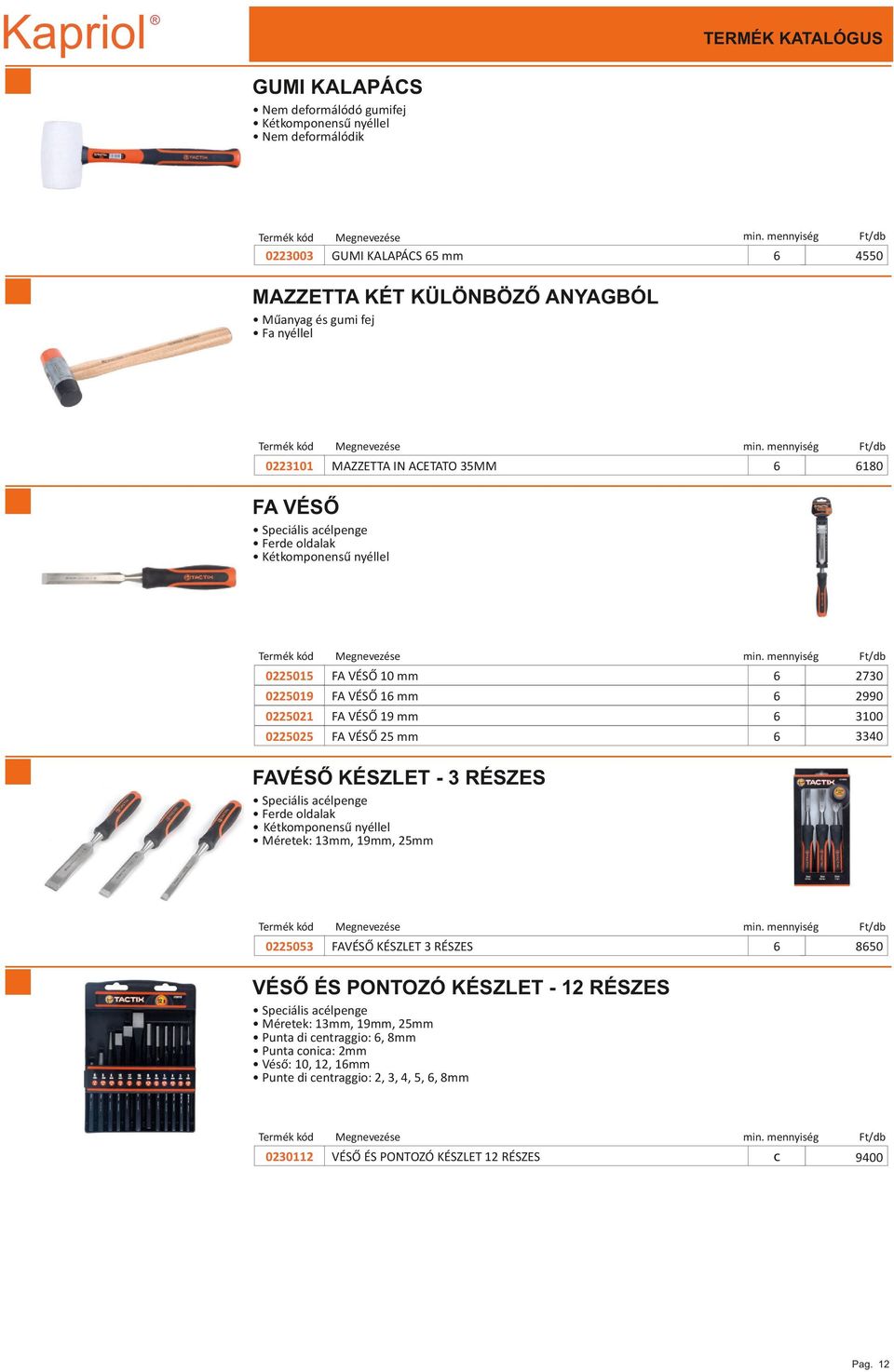 FAVÉSŐ KÉSZLET - 3 RÉSZES Speciális acélpenge Ferde oldalak Kétkomponensű nyéllel Méretek: 13mm, 19mm, 25mm 0225053 FAVÉSŐ KÉSZLET 3 RÉSZES 850 VÉSŐ ÉS PONTOZÓ KÉSZLET - 12 RÉSZES