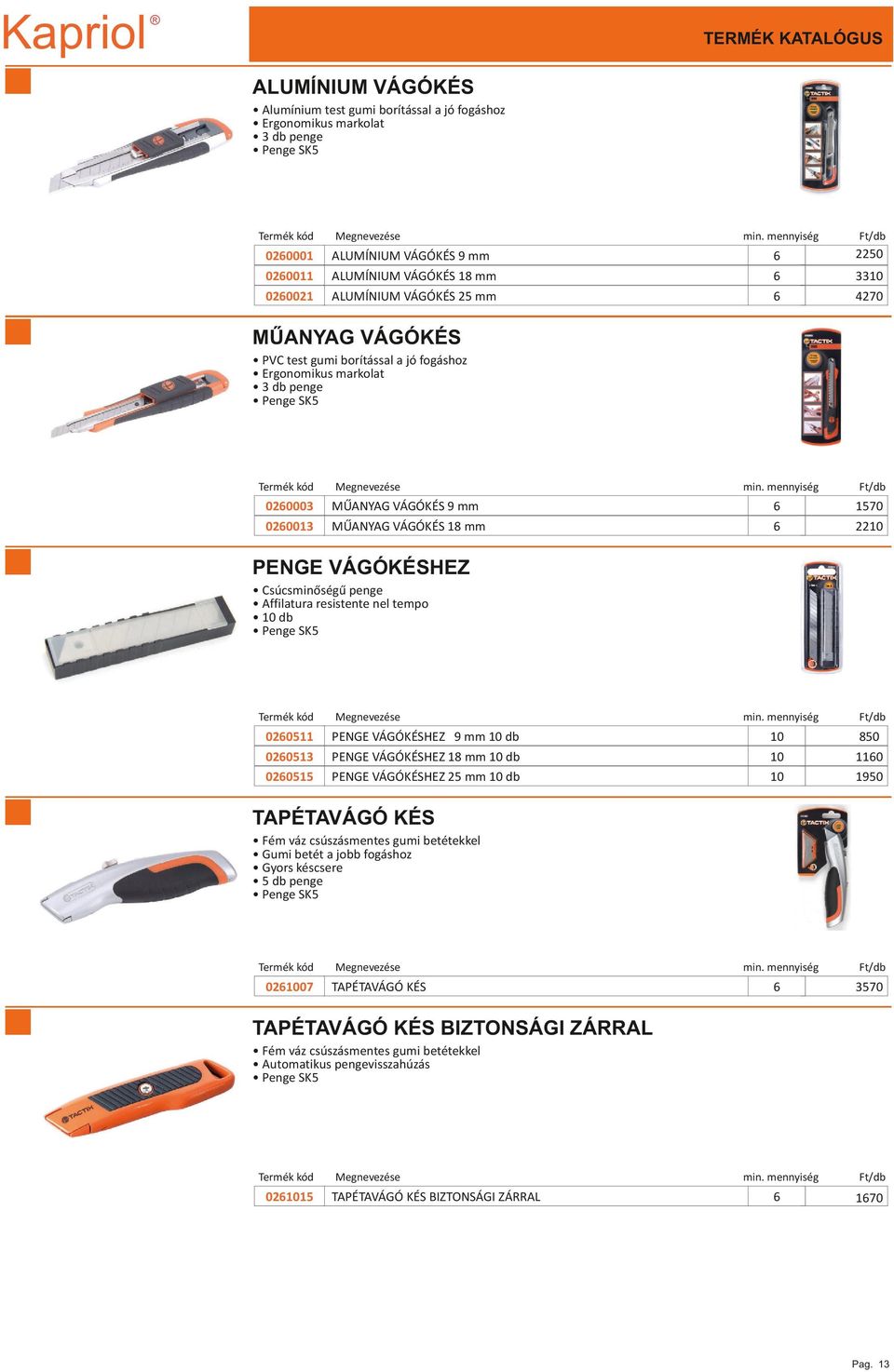 Csúcsminőségű penge Affilatura resistente nel tempo db Penge SK5 020511 PENGE VÁGÓKÉSHEZ 9 mm db 850 020513 PENGE VÁGÓKÉSHEZ 18 mm db 1 020515 PENGE VÁGÓKÉSHEZ 25 mm db 1950 TAPÉTAVÁGÓ KÉS Fém váz