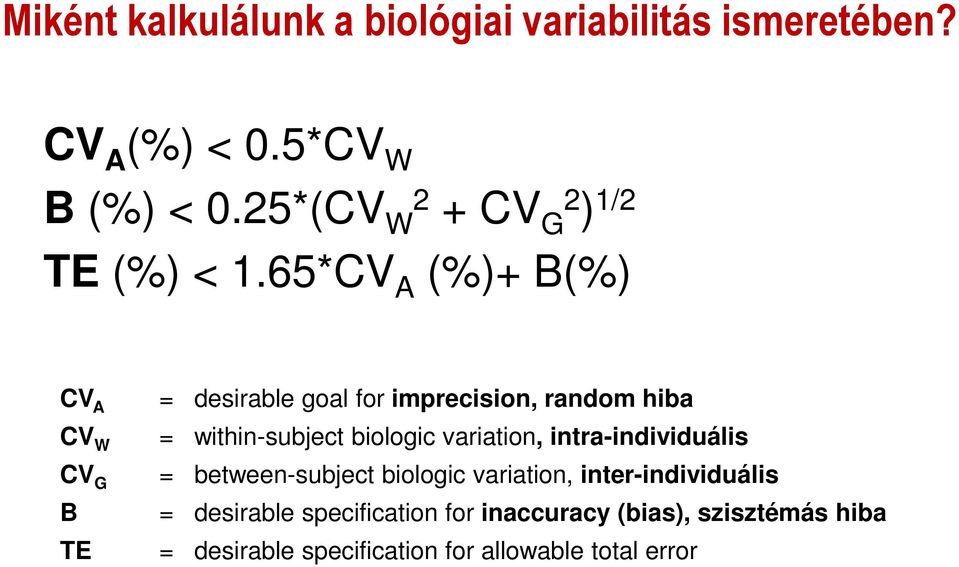 65*CV A (%)+ B(%) CV A CV W CV G B TE = desirable goal for imprecision, random hiba = within-subject