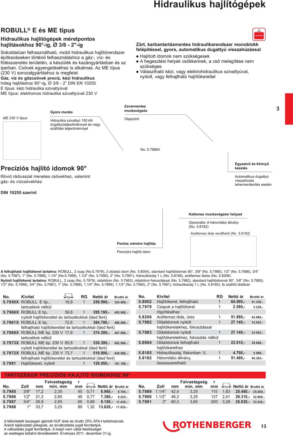 Gáz, víz és gőzcsövek precíz, kézi hidraulikus hideg hajlításhoz 90 -ig, Ø 3/8-2 DIN EN 0255 E típus: kézi hidraulika szivattyúval ME típus: elektromos hidraulika szivattyúval 230 V Zárt,