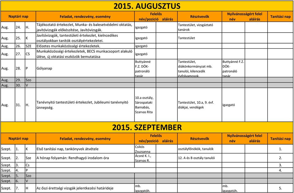 K Javítóvizsgák, i értekezlet, kielncedikes osztályokban tanítók osztályértekezletei. Tantestület Aug. 26. SZE Előzetes munkaközösségi értekezletek. Aug. 27.