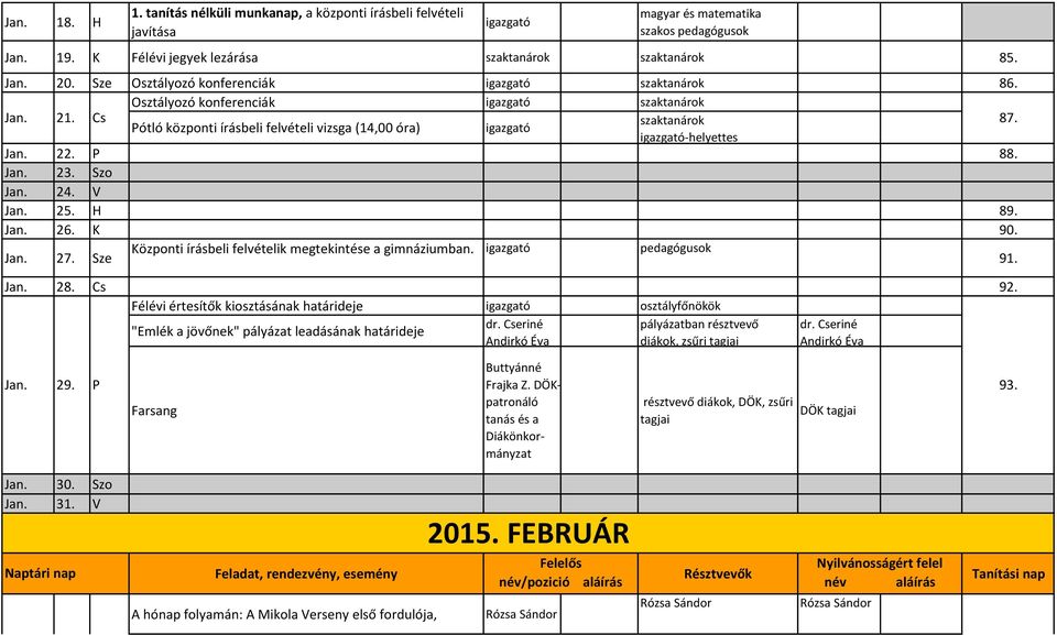 Szo Jan. 24. V Jan. 25. H 89. Jan. 26. K 90. Jan. 27. Sze Központi írásbeli felvételik megtekintése a gimnáziumban. pedagógusok 91. Jan. 28. Cs 92.