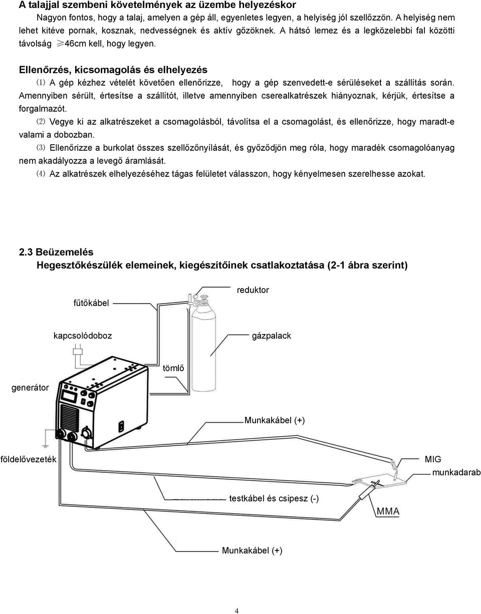 Ellenőrzés, kicsomagolás és elhelyezés ⑴ A gép kézhez vételét követően ellenőrizze, hogy a gép szenvedett-e sérüléseket a szállítás során.