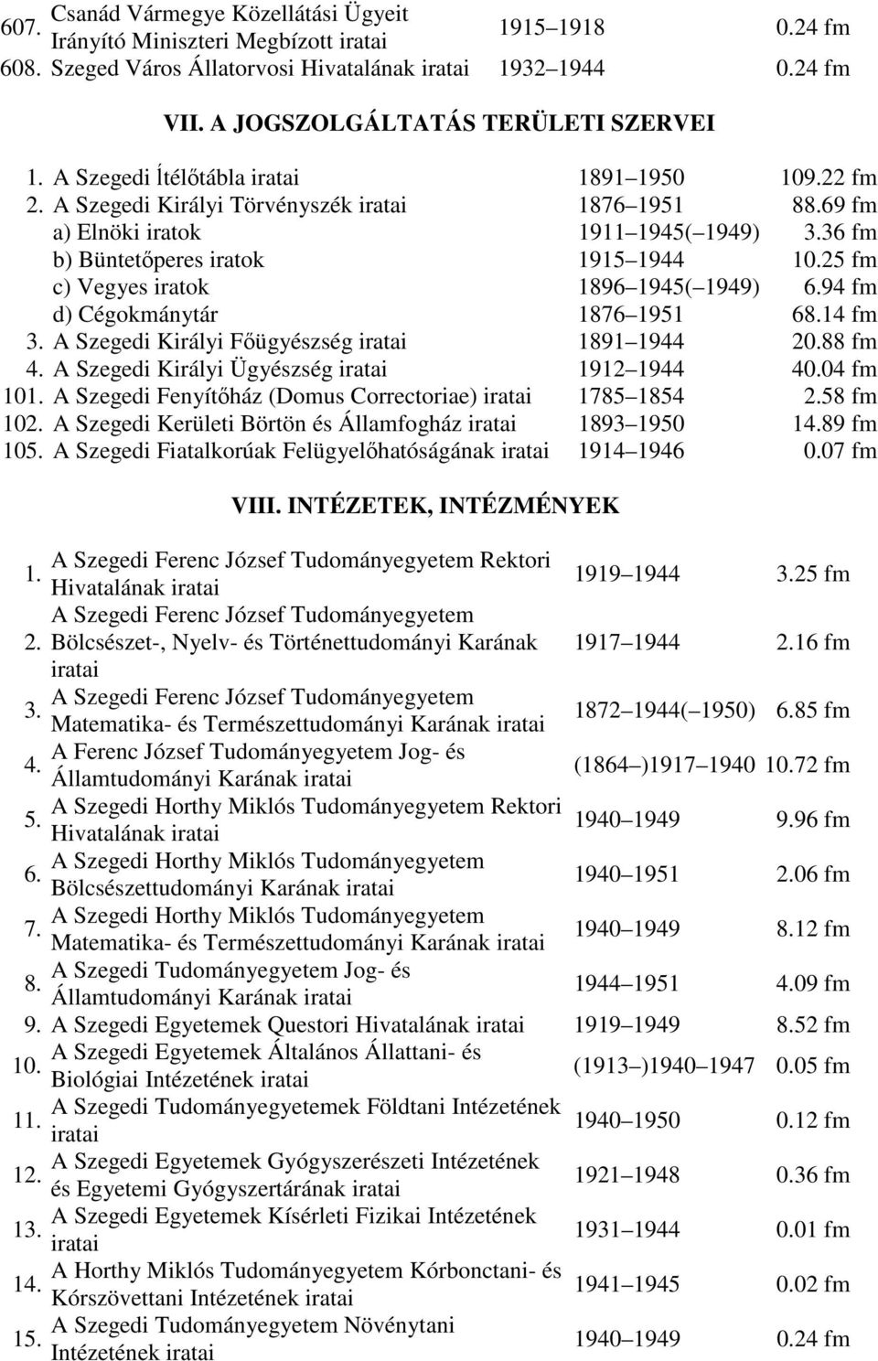 25 fm c) Vegyes iratok 1896 1945( 1949) 6.94 fm d) Cégokmánytár 1876 1951 68.14 fm 3. A Szegedi Királyi Fıügyészség 1891 1944 20.88 fm 4. A Szegedi Királyi Ügyészség 1912 1944 40.04 fm 101.