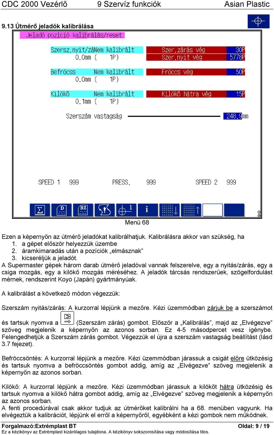 A Supermaster gépek három darab útmérő jeladóval vannak felszerelve, egy a nyitás/zárás, egy a csiga mozgás, egy a kilökő mozgás méréséhez.