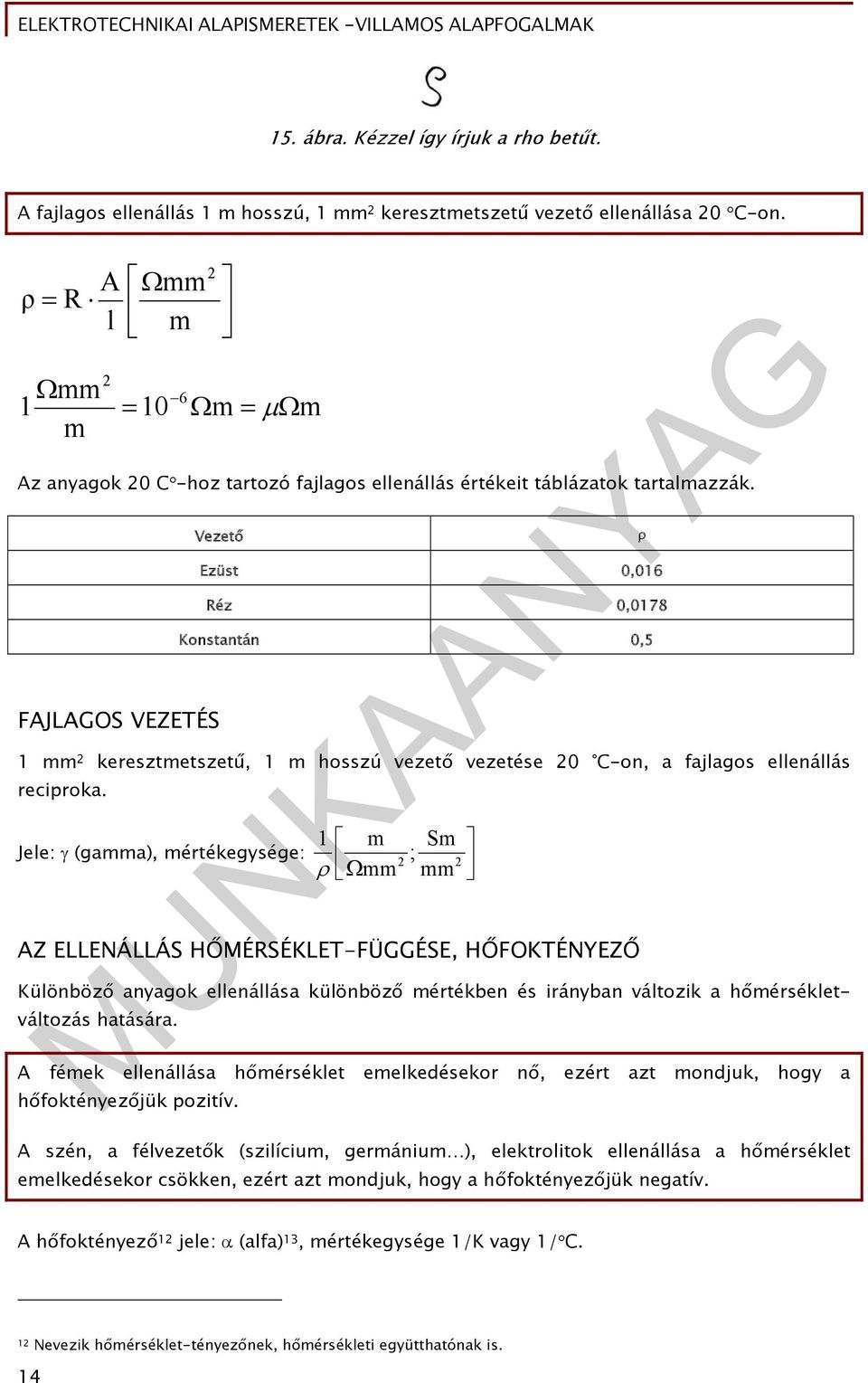 Vezető FAJLAGOS VEZETÉS Ezüst 0,016 Réz 0,0178 Konstantán 0,5 1 mm 2 keresztmetszetű, 1 m hosszú vezető vezetése 20 C-on, a fajlagos ellenállás reciproka.