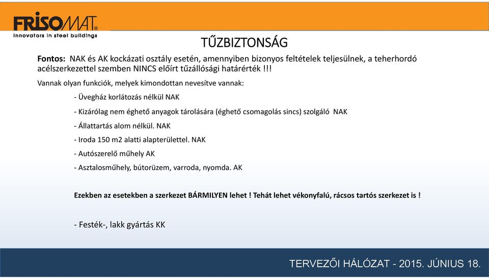 !! Vannak olyan funkciók, melyek kimondottan nevesítve vannak: Üvegház korlátozás nélkül NAK Kizárólag nem éghető anyagok tárolására (éghető csomagolás