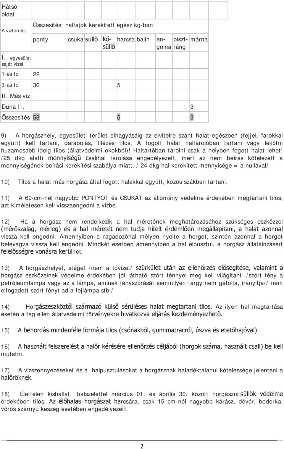 A fogott halat haltárolóban tartani vagy lekötni huzamosabb ideig tilos (állatvédelmi okokból)! Haltartóban tárolni csak a helyben fogott halat lehet!