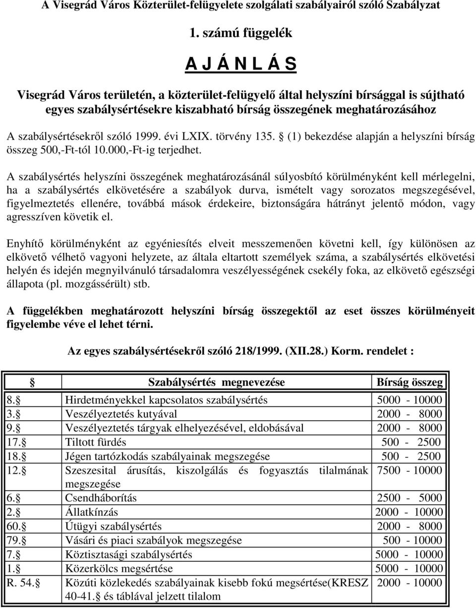 szabálysértésekről szóló 1999. évi LXIX. törvény 135. (1) bekezdése alapján a helyszíni bírság összeg 500,-Ft-tól 10.000,-Ft-ig terjedhet.