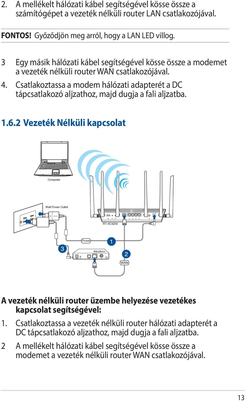 Csatlakoztassa a modem hálózati adapterét a DC tápcsatlakozó aljzathoz, majd dugja a fali aljzatba. 1.6.