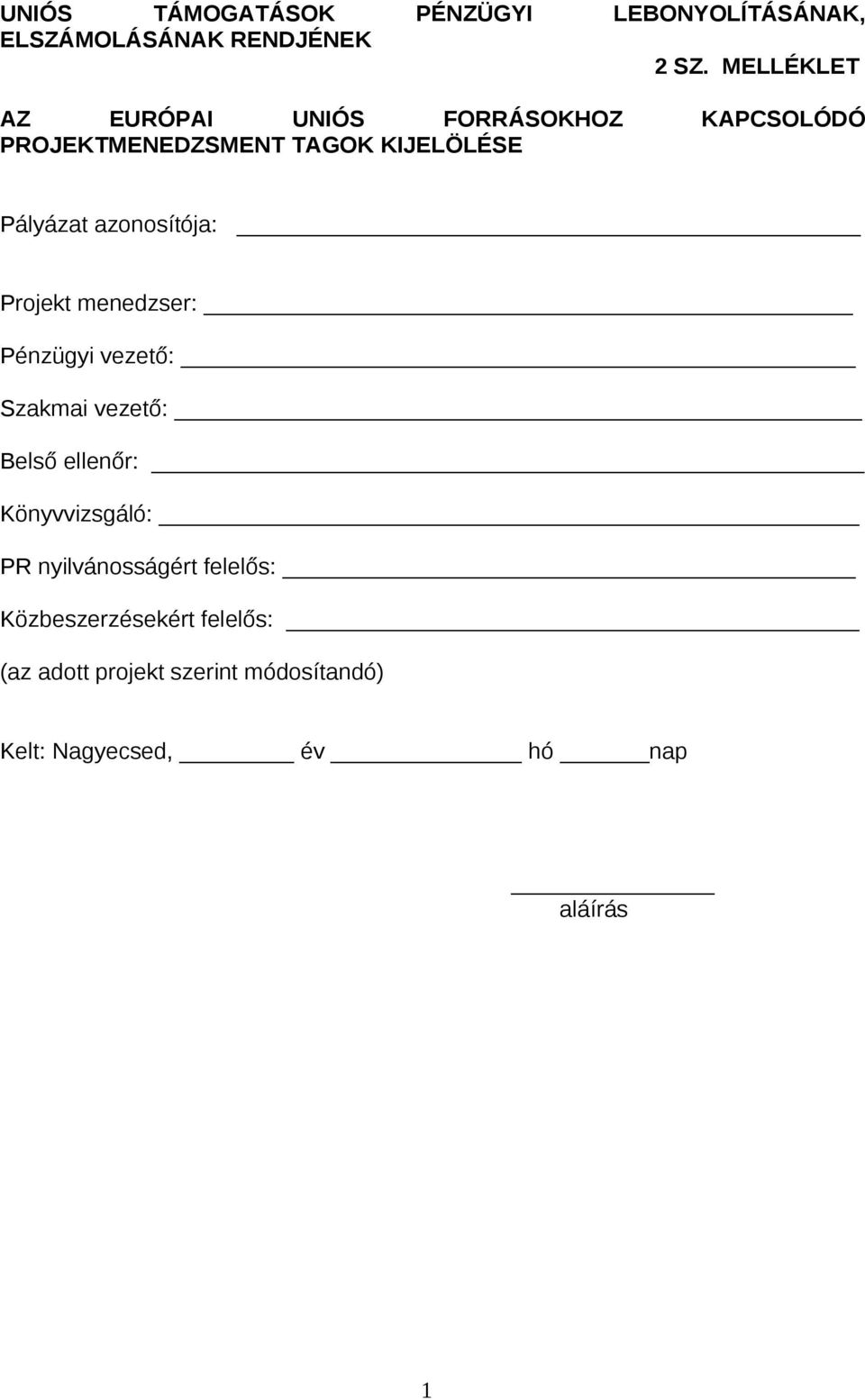 azonosítója: Projekt menedzser: Pénzügyi vezető: Szakmai vezető: Belső ellenőr: Könyvvizsgáló: PR