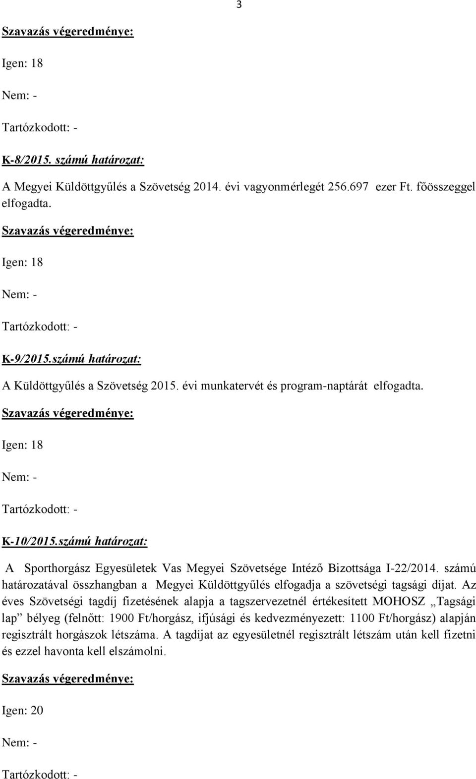 számú határozat: A Sporthorgász Egyesületek Vas Megyei Szövetsége Intéző Bizottsága I-22/2014. számú határozatával összhangban a Megyei Küldöttgyűlés elfogadja a szövetségi tagsági díjat.