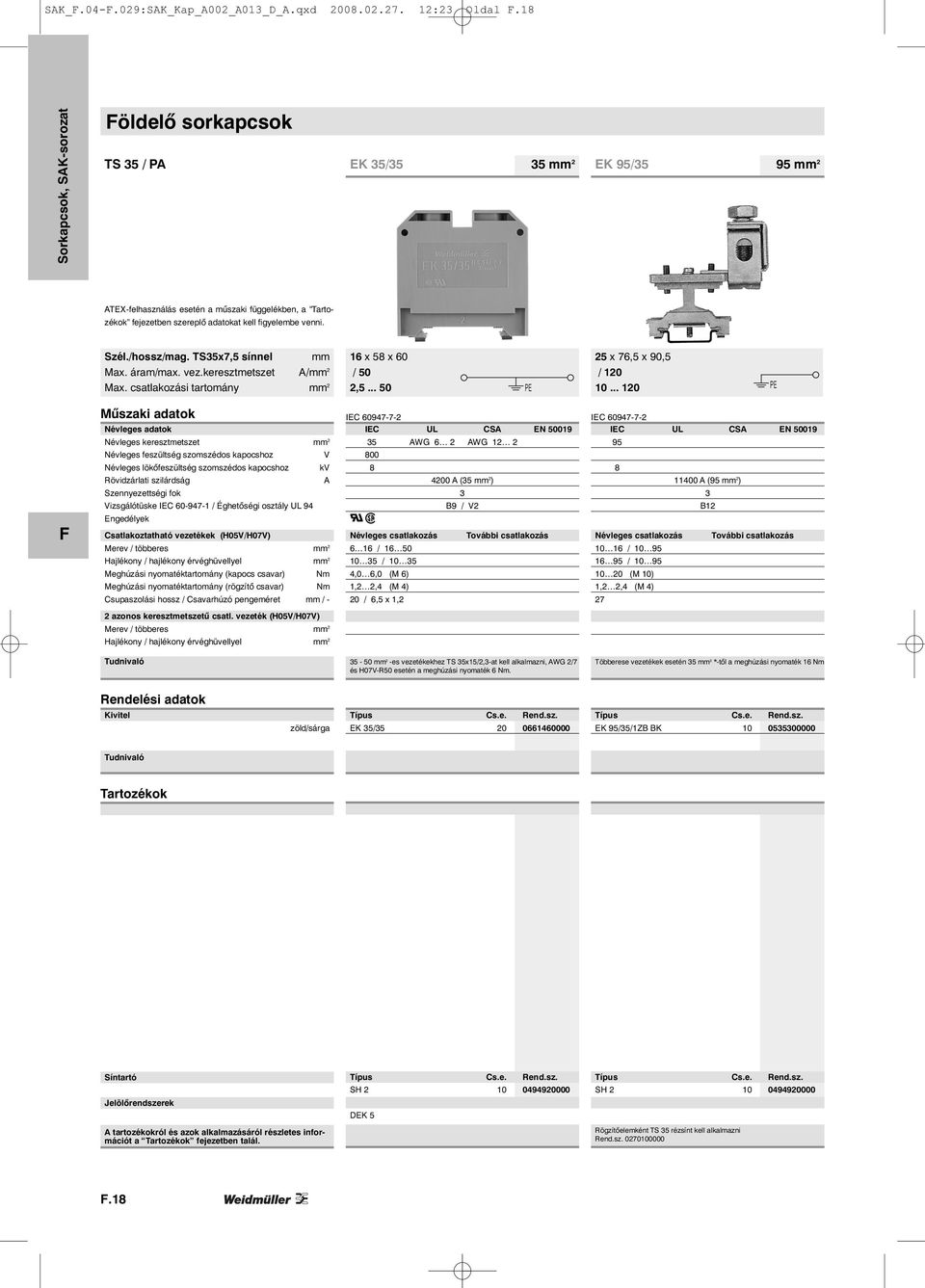 TS35x7,5 sínnel mm 16 x 58 x 60 25 x 76,5 x 90,5 Max. áram/max. vez.keresztmetszet A/mm 2 Max. csatlakozási tartomány mm 2 / 50 2,5... 50 PE / 120 10.