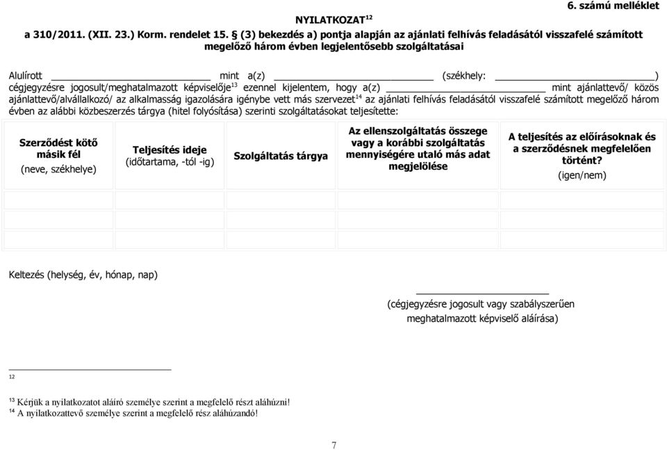 jogosult/meghatalmazott képviselője 13 ezennel kijelentem, hogy a(z) mint ajánlattevő/ közös ajánlattevő/alvállalkozó/ az alkalmasság igazolására igénybe vett más szervezet 14 az ajánlati felhívás