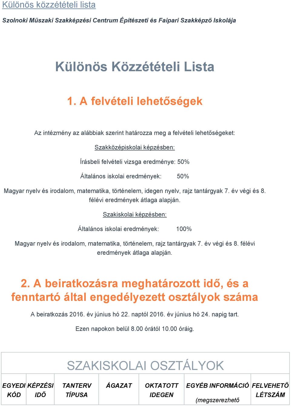 50% Magyar nyelv és irodalom, matematika, történelem, idegen nyelv, rajz tantárgyak 7. év végi és 8. félévi eredmények átlaga alapján.