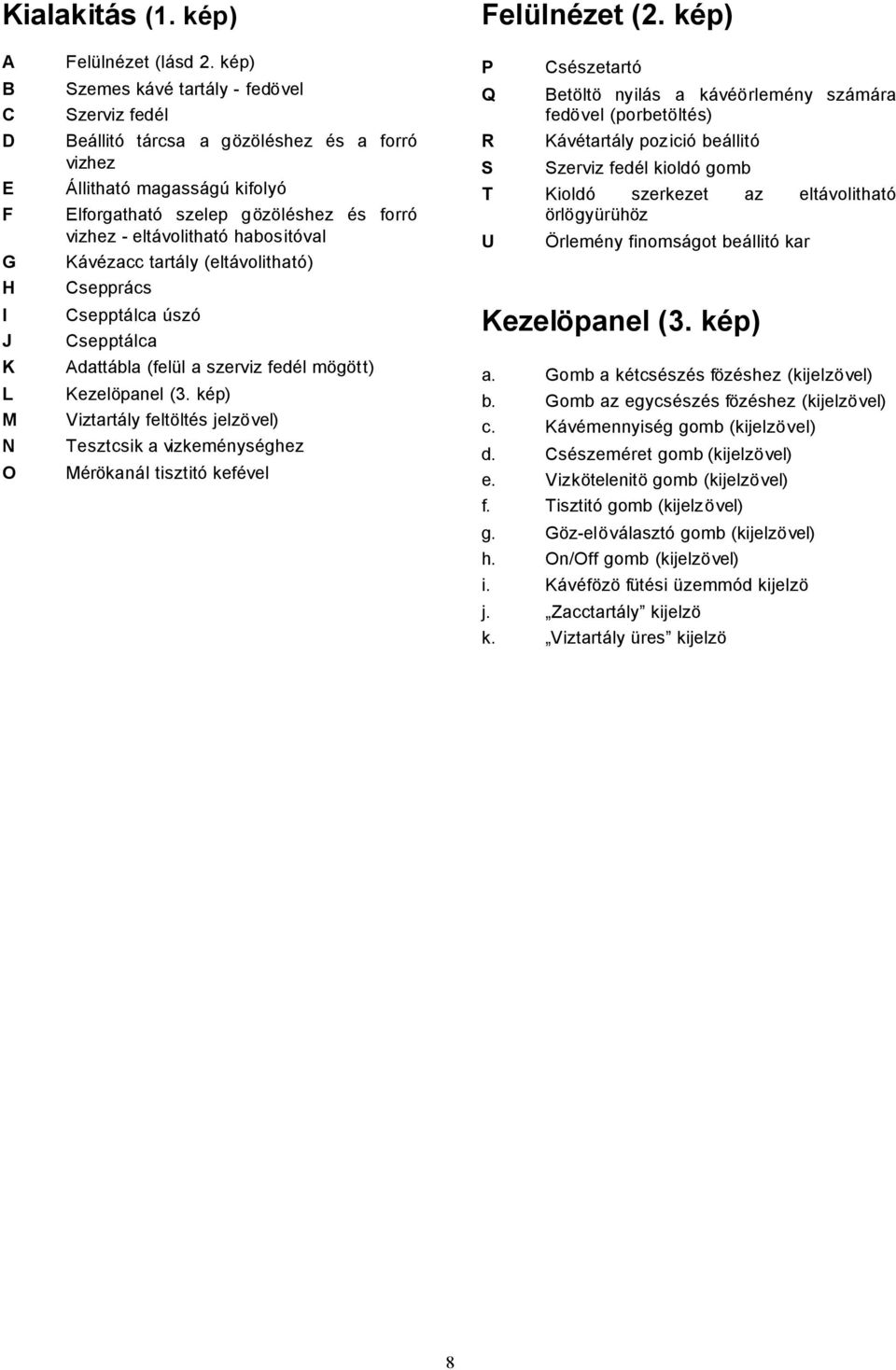 Kávézacc tartály (eltávolitható) Csepprács Csepptálca úszó Csepptálca Adattábla (felül a szerviz fedél mögött) Kezelöpanel (3.