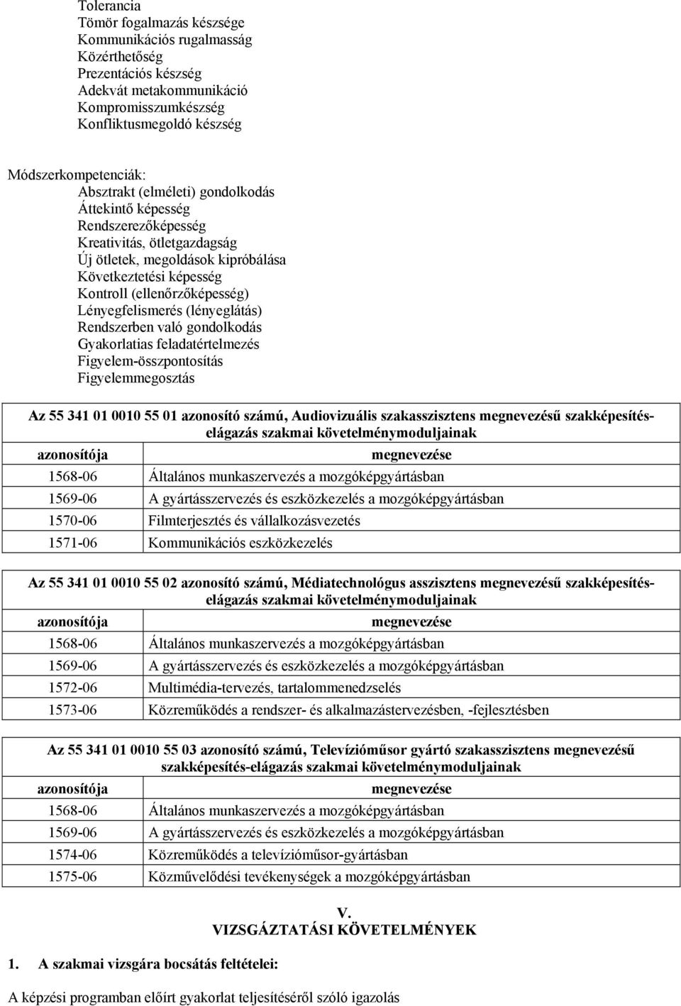 Lényegfelismerés (lényeglátás) Rendszerben való gondolkodás Gyakorlatias feladatértelmezés Figyelem-összpontosítás Figyelemmegosztás Az 55 341 01 0010 55 01 azonosító számú, Audiovizuális